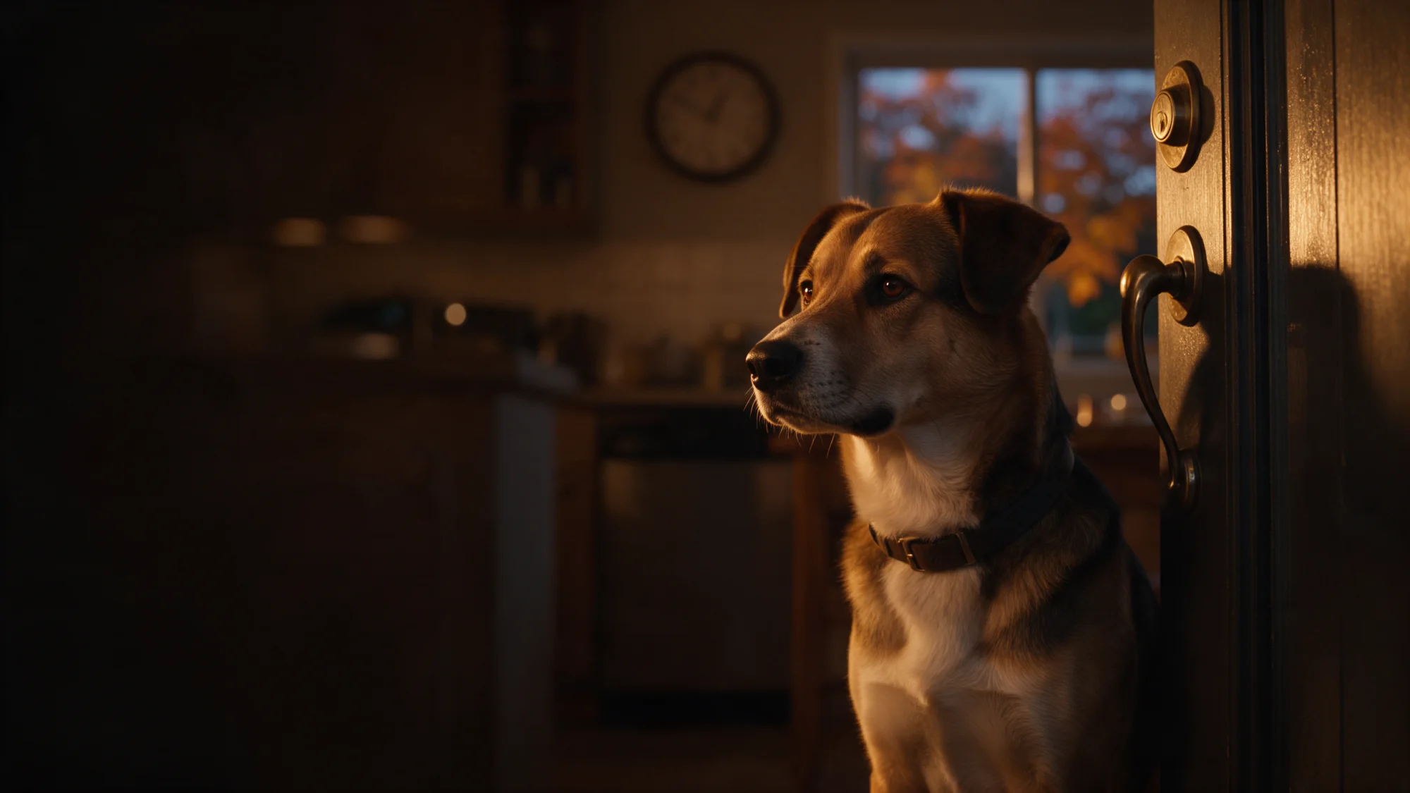 Perro esperando junto a la puerta al atardecer en otoño