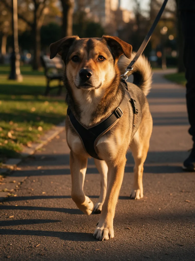 Perro paseando con un arnés en forma de Y y la correa suelta