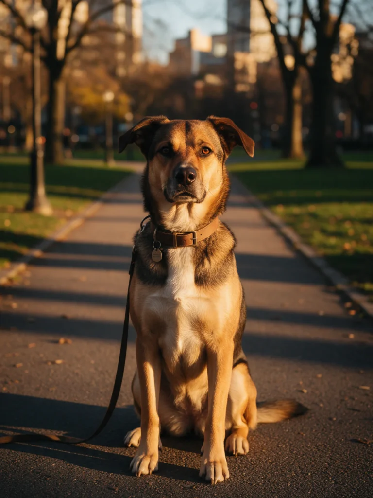 Perro sentado con un collar plano de cuero y placa identificativa
