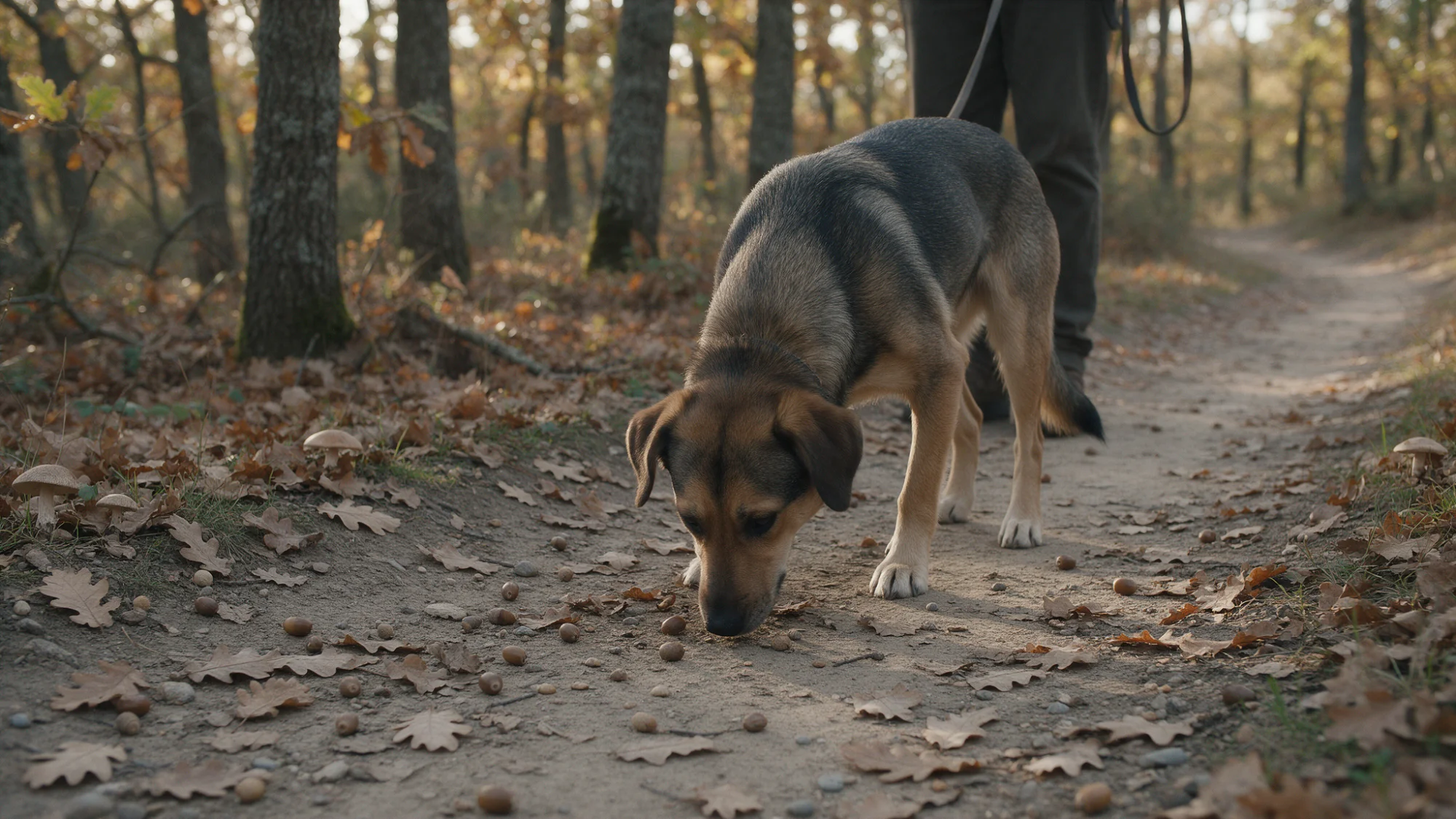 Perro olfateando un camino de bosque en otoño con hojas de roble, bellotas y setas