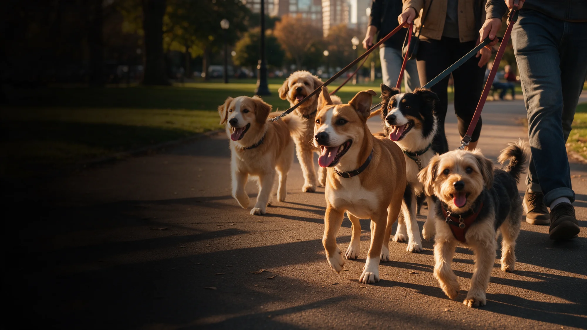Varios perros paseando con sus dueños por un parque de la ciudad