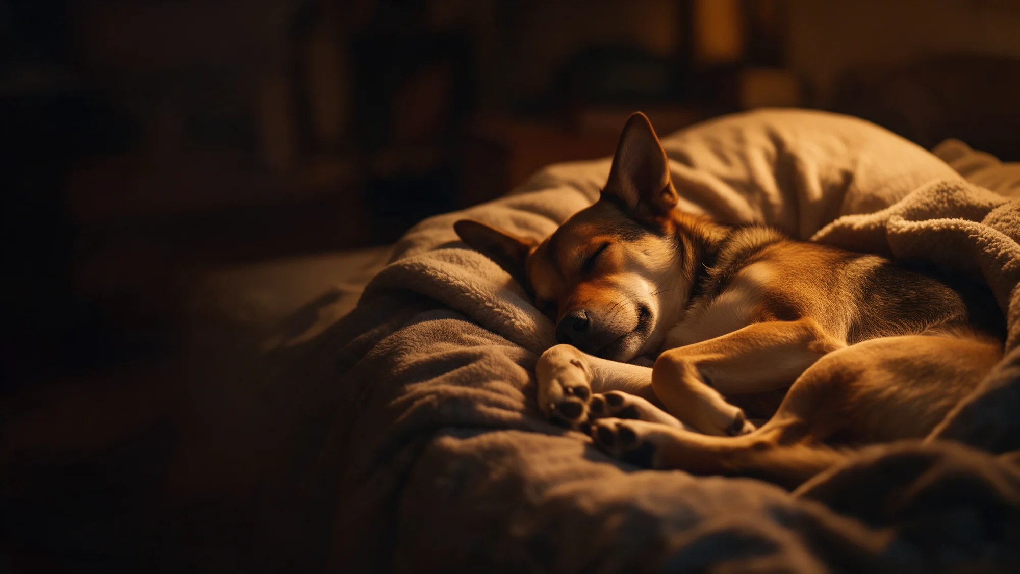 Perro durmiendo profundamente acurrucado en su cama